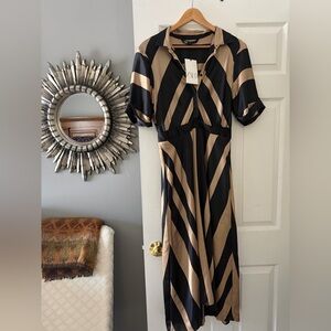 Zara Black and Tan Diagonal Stripe Midi Dress